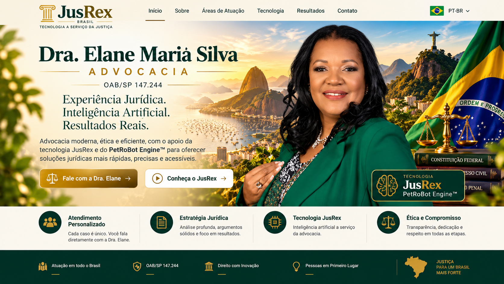 Apresentação institucional de Dra. Elane Maria Silva Advocacia, OAB/SP 147.244, com tecnologia JusRex, nas cores verde e dourado do Brasil.
